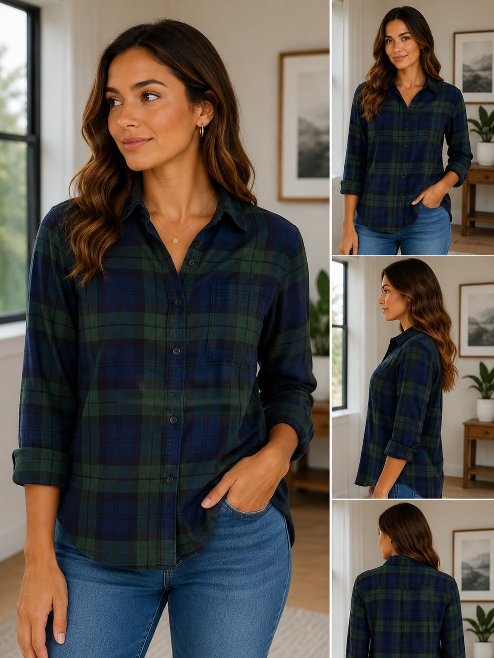 Women’s Flanel Green & Navy Plaid Button-Up Shirt Size XS. Extra Small